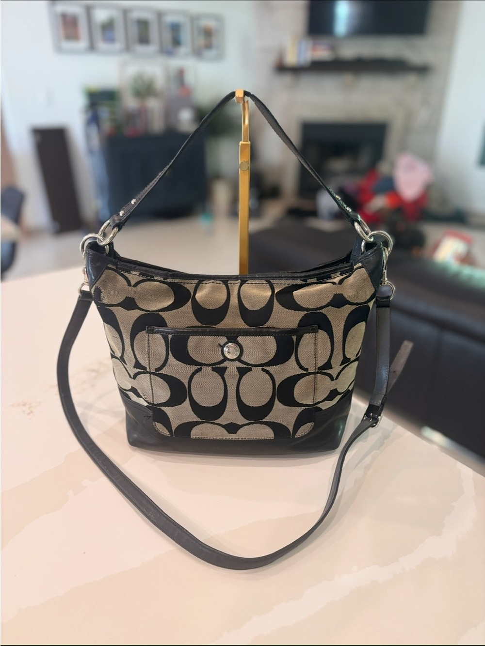 Coach Black and Beige Signature Shoulder Bag